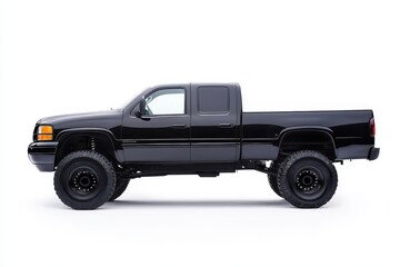 A black lifted pickup truck showcased from the side, emphasizing its rugged design.
