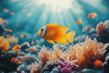 Underwater with colorful sea life fishes and plant at seabed background, Colorful Coral reef landscape in the deep of ocean. Marine life concept, Underwater world scene