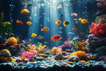 Naklejka premium Underwater with colorful sea life fishes and plant at seabed background, Colorful Coral reef landscape in the deep of ocean. Marine life concept, Underwater world scene