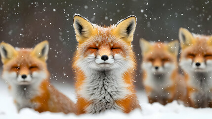 Fototapeta premium Red Fox Family in Winter Snow