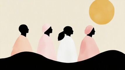 Minimalist Silhouette Art of Four Women in Pastel Colors Walking Toward the Sun