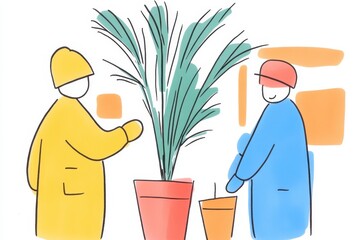 Minimalistic Abstract Sketch of Two Figures Interacting Around Potted Plant