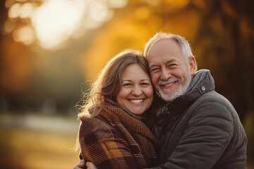 Fototapeta premium The simple joy of a couple senior and youthful spirit intertwines in a shared embrace, symbolizing the enduring beauty of familial bonds