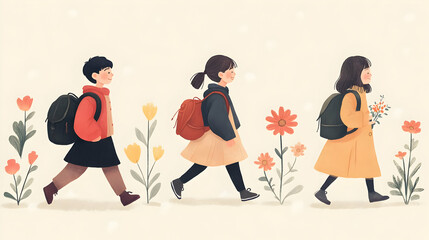 Obraz premium Happy Kids Walking in a Flower Garden with Backpacks