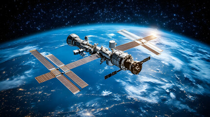 International Space Station Orbiting Earth With Stars And Clouds