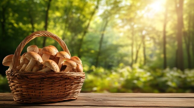 Wicker basket and fresh champignon mushrooms on wooden table against blurred background with space for text. Cooking delicious organic food boletus mushroom