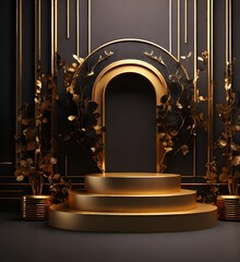 The podium is dark in color against a background of golden decorations. Dark gold luxury style. 3D illustration, 3D render. Generative AI

