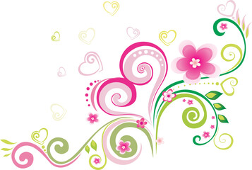 Abstract floral vector illustration with pink flowers and swirling leaves, perfect for nature-inspired design elements