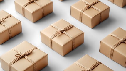 Multiple brown gift boxes tied with twine on a white background.