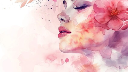 Fototapeta premium Watercolor side profile portrait of a woman with pink and purple flowers.