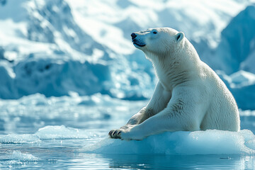 Naklejka premium White polar bear sitting on melting ice floe glacier at arctic sea that facing to Global Warming situation, save the world form pollution concept, climate change