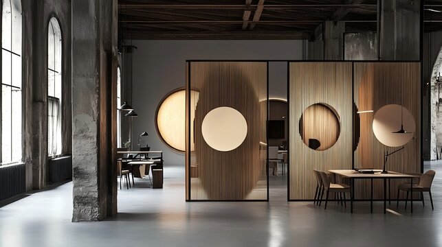 Creative use of PVC sheets as room dividers, modern office space, flexible design, potential for commercial interior design projects