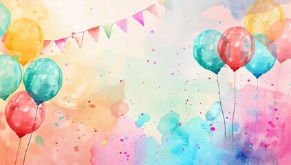 Watercolor balloons and bunting with a vibrant and festive design.
