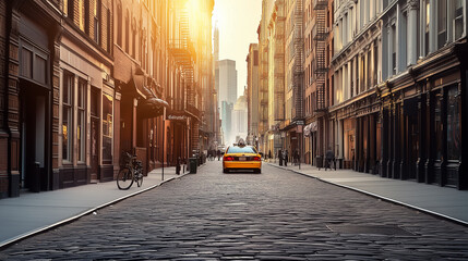 SoHo Sunset Iconic New York Street Scene with Historic Architecture and Yellow Cab