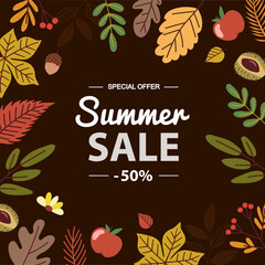 Fototapeta premium Autumn-themed sale banner with colorful fall leaves, acorns, and seasonal elements on a dark background. Perfect for promotions, marketing, social media, and advertising.