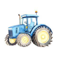 Obraz premium A vibrant watercolor illustration of a blue tractor, symbolizing agriculture and farming machinery.