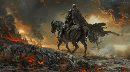 A lone knight rides away from a burning city, his cloak billowing in the wind, leaving behind a trail of destruction and despair.