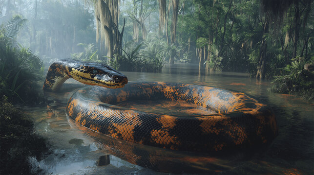 Extinct Titanoboa, Largest Snake Ever, Slithering Through Prehistoric South American Swamps
