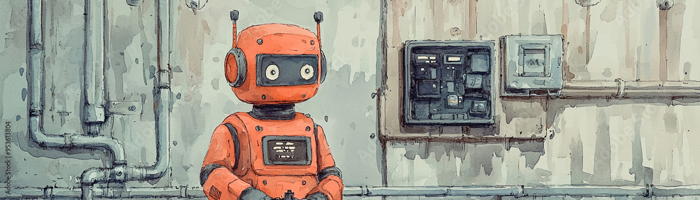 Poster a robot is standing in front of a wall with a box on it