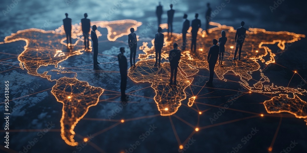 Poster global business networking on a digital map offers a platform that boosts collaboration, commerce, a