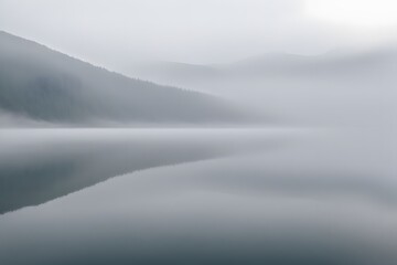 Obraz premium A calm foggy lake surface with distant mountains, Ai Generated