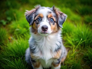 Adorable blue merle mini Australian Shepherd puppy sits on a green meadow, looking up with big brown eyes, showcasing its unique coat patterns and curious nature.