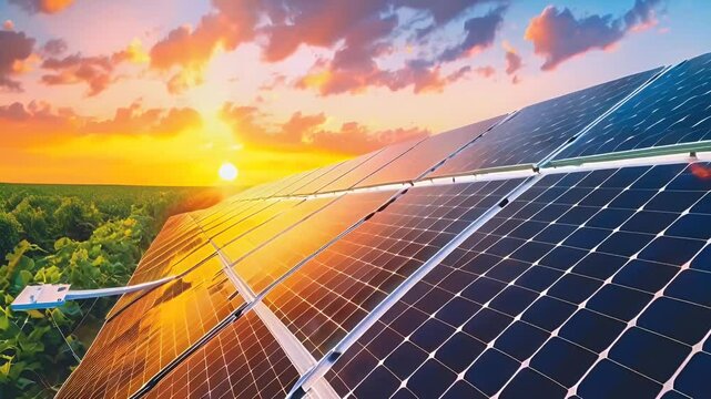 Solar panels reflecting sunlight at sunset, showcasing renewable energy technology.
