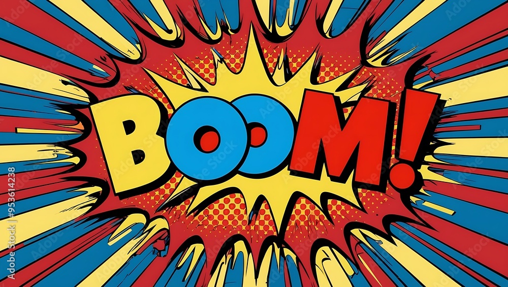 Poster pop art background with the word 'boom!' in bold, bright colors and dynamic explosion lines. include