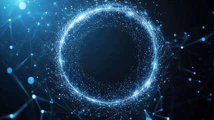 Abstract futuristic background with a glowing blue circular ring of light and connecting dots on a dark black backdrop, representing a data transfer concept