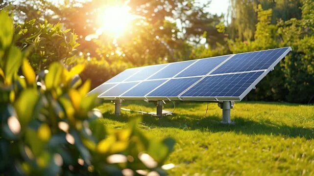 A solar panel array in a green garden, capturing sunlight for energy.