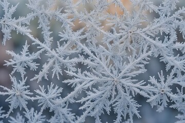 A close up of frost crystals on a windowpane with intricate delicate patterns, Ai Generated