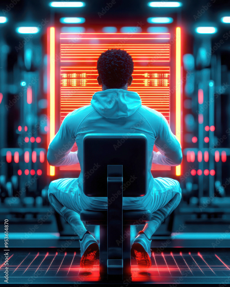 Poster a person in a futuristic setting engaged with digital data on a glowing screen, showcasing technolog