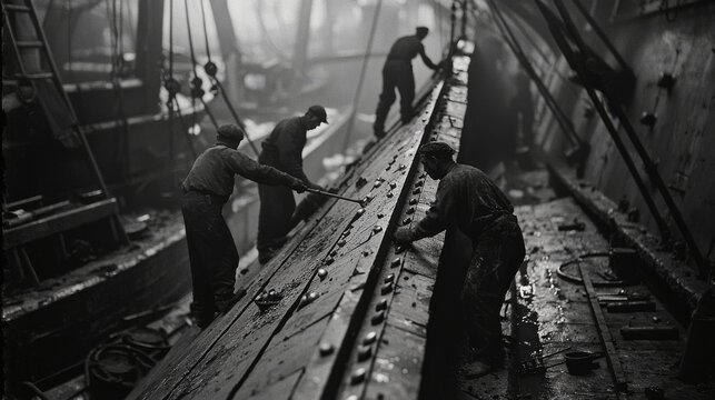 Vintage Black and White Photo of Shipbuilders Constructing a Ship in a Shipyard, 1940s Industrial Scene