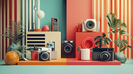 Colorful split screen design featuring vintage cameras, plants, and decorative items creates vibrant atmosphere.