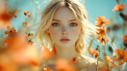 Fototapeta premium A blonde woman with freckles looks at the camera, surrounded by orange flowers.