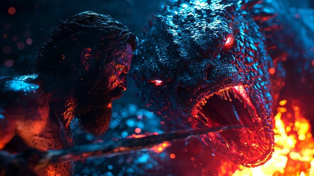 Dynamic Scene of Hercules Battling the Lernaean Hydra in a Fiery and Intense Combat
