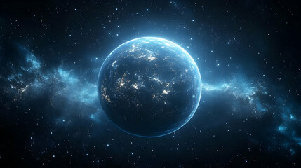 Obraz premium A blue planet with a glowing atmosphere surrounded by twinkling stars.