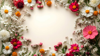 A border of colorful flowers and greenery on a light background.