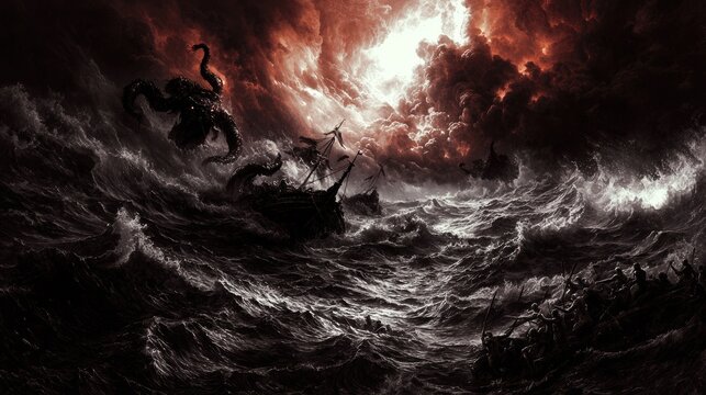 Thrilling Scene from the Odyssey: Illustration of Odysseus Facing the Sea Monster Charybdis in a Stormy Night