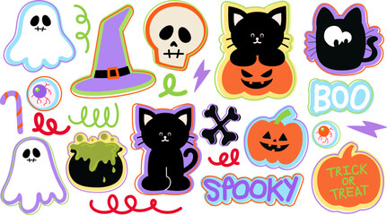 Cute Halloween illustrations of ghost, head skull, black cat, pumpkin, poison soup, candy cane, eye with blood vessel, trick or treat, bone, witch hat for cartoon character, costume, sticker, icons