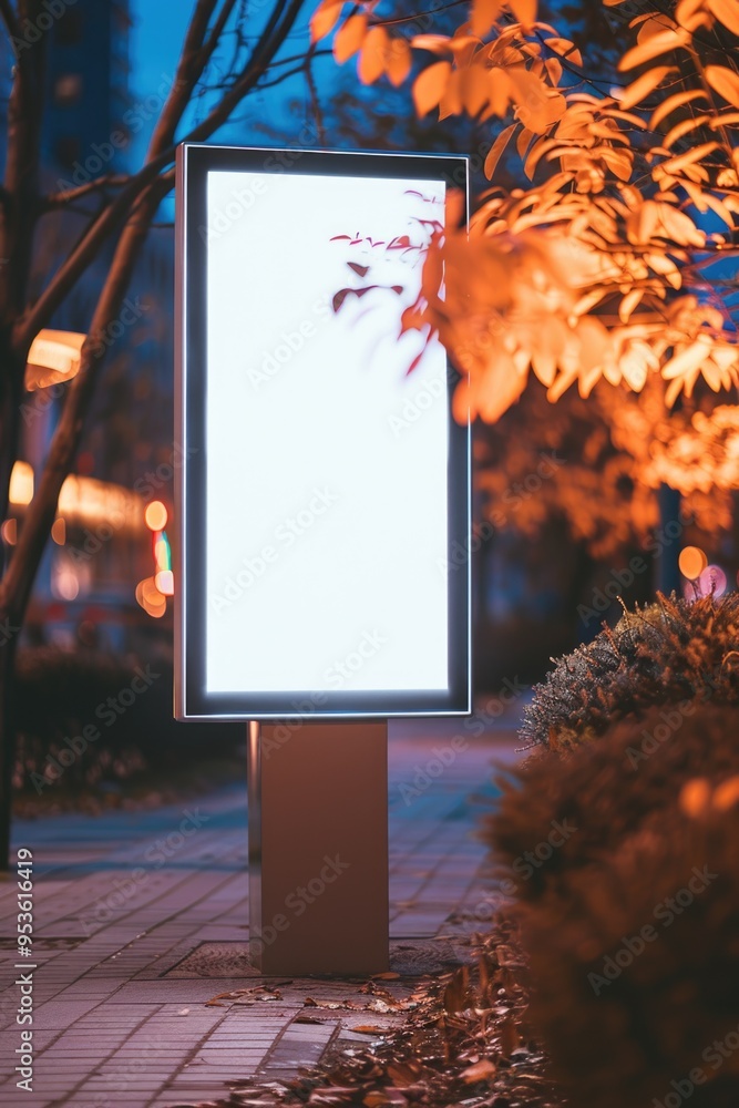 Poster a large white billboard sits in front of a tree with orange leaves. the billboard is empty, but it i