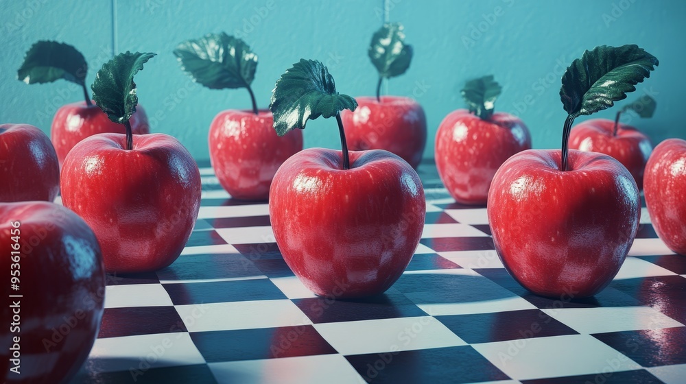 Wall mural a row of red apples with green leaves on top of a checkered background