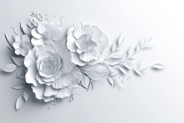 A white flower arrangement with a few leaves and stems. The arrangement is delicate and elegant, with a sense of calmness and serenity