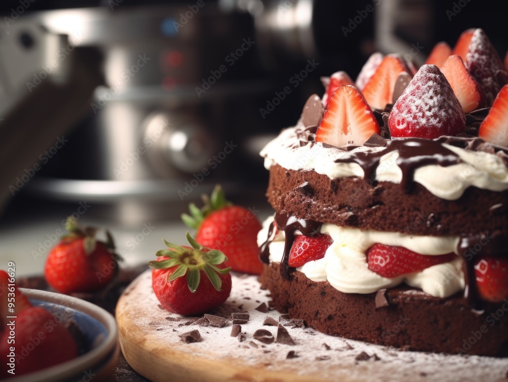 Poster a chocolate cake with strawberries and whipped cream on top. the cake is cut into layers and has a c