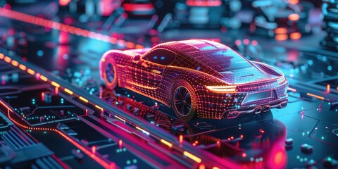 A car is driving down a road with neon lights and a futuristic city in the background. The car is surrounded by a glowing, colorful aura, giving the impression of a high-tech, futuristic world