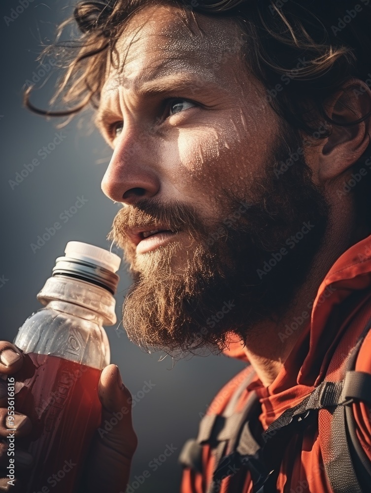 Poster a man with a beard is drinking from a bottle. the bottle is red and has a white cap. concept of adve