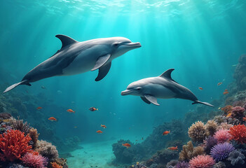 Two dolphins swimming near a vibrant coral reef under clear turquoise water, surrounded by colorful fish and corals.