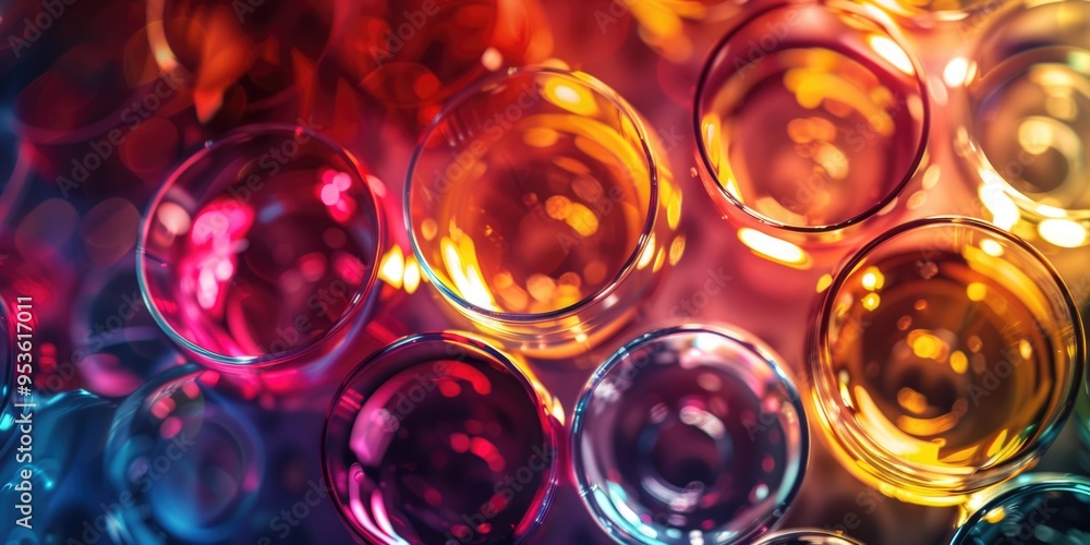 Poster a colorful array of glasses with a blurry background. the glasses are of different sizes and colors,
