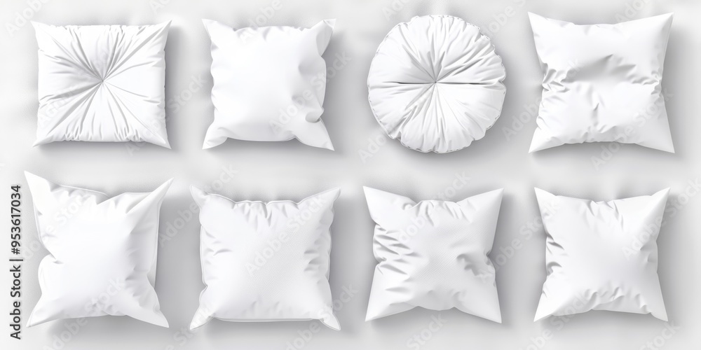 Poster a set of white pillows with different shapes and sizes. the pillows are arranged in a row, with some