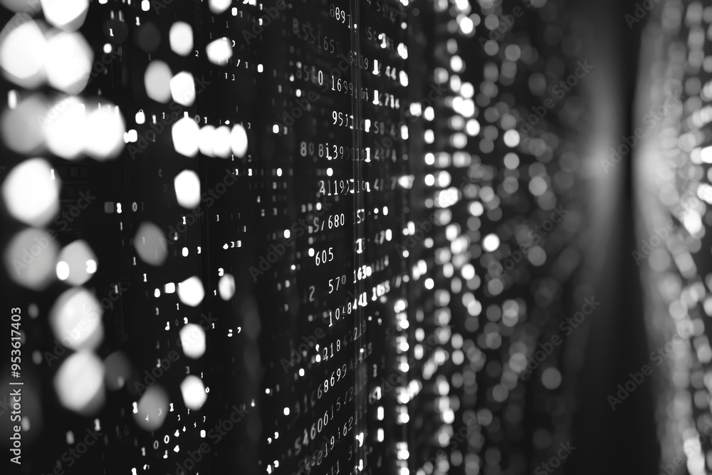 Aufkleber a black and white image of a series of numbers and dots. the image is abstract and has a futuristic 